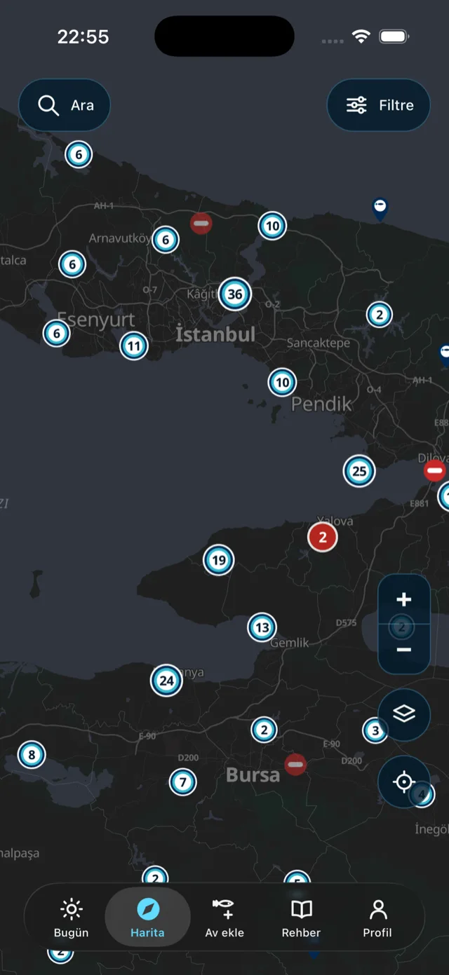 Aplicación móvil de Piscatorium: las zonas de pesca del mar de Mármara y sus alrededores aparecen agrupadas en el mapa, y los puntos vedados están marcados en rojo.