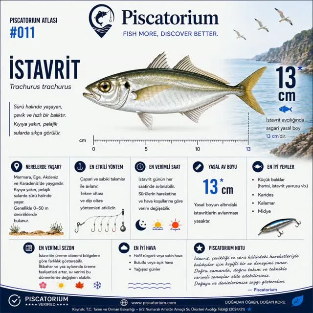 Piscatorium Atlası infografiği: istavrit çizimi, boy cetveli ve 13 cm yasal boy bilgisi
