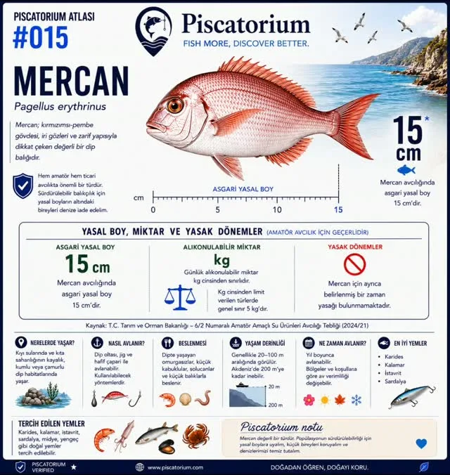 Mercan bilgi kartı: Pagellus erythrinus çizimi, 15 santimetrelik asgari boy cetveli ve yasal sınır tablosu