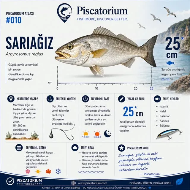 Piscatorium Atlası bilgi kartı: sarıağız (Argyrosomus regius) çizimi, yanında 25 cm asgari yasal boy ölçeği ile yem, yöntem ve sezon özet kutuları